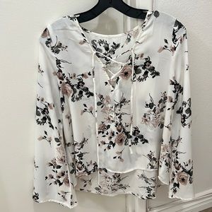 White, long sleeve dress shirt/blouse with flowers